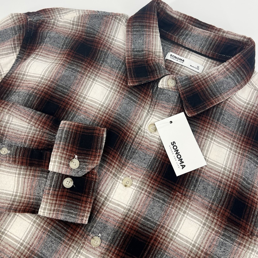 NEW Sonoma Supersoft Flannel Shirt Men's XL Navy Burgundy Plaid Cotton Kohl's